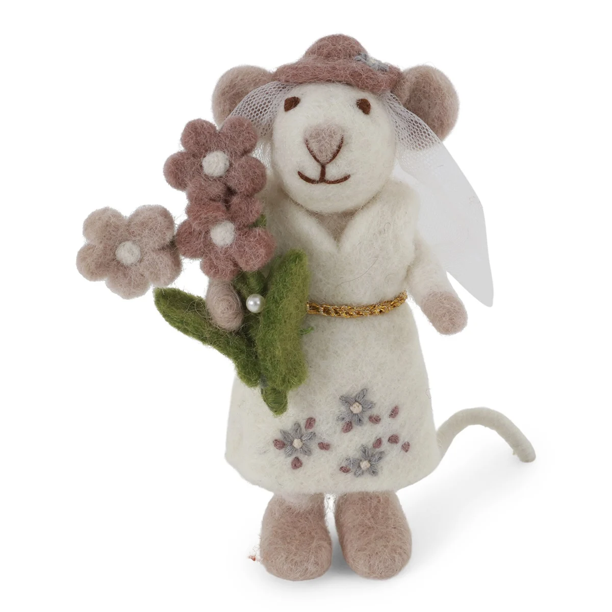 Maus weiß Braut mit weißem Kleid und Blumen Filz 