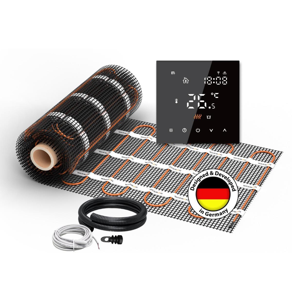 Elektrische Fußbodenheizung für Fliesen: 2x Heizmatten WARMON CLASSIC LIGHT 100 W/m² (10+6 m²) inkl. TS 300 Smart WiFi Thermostat schwarz - 16 m²