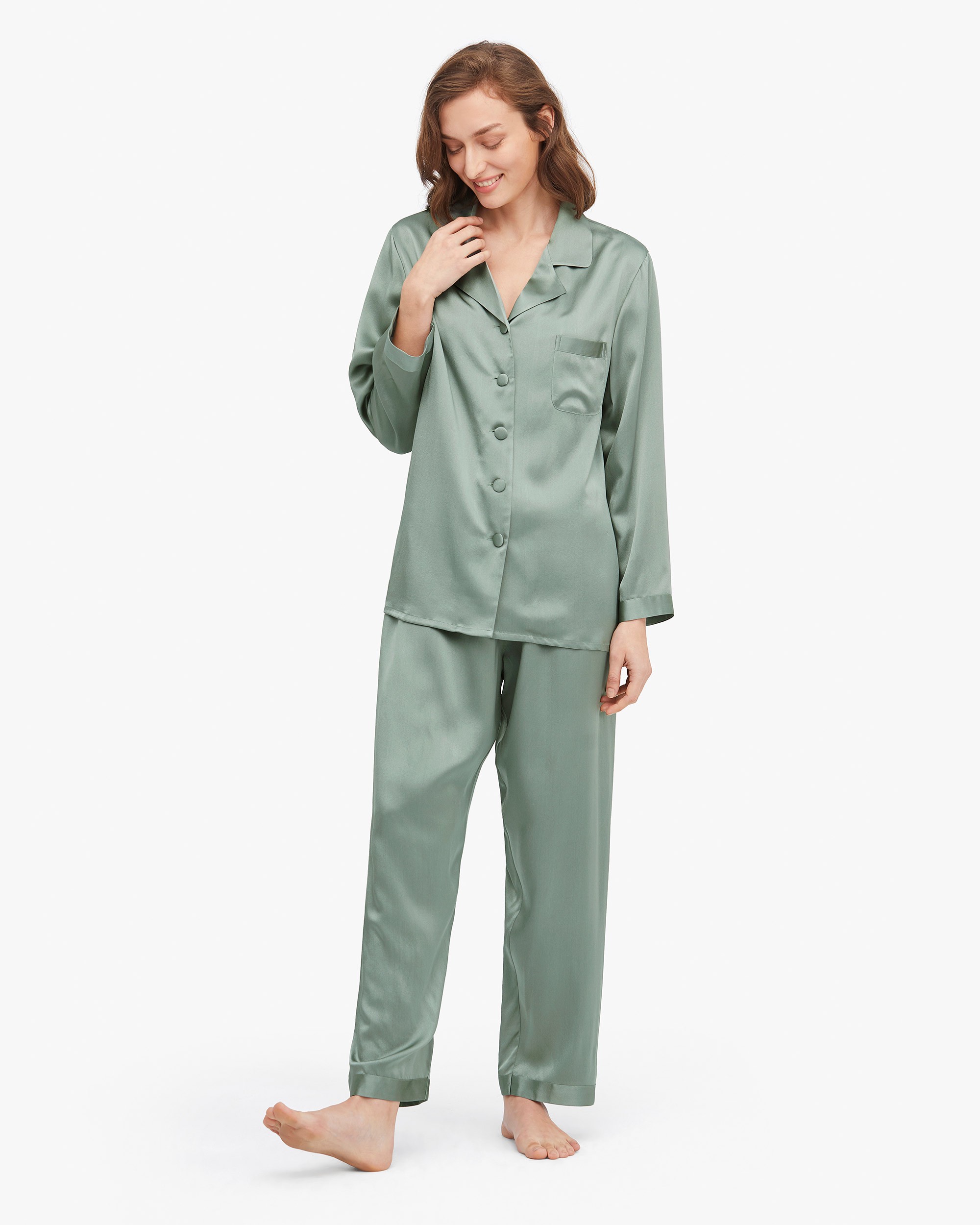LILYSILK Pyjama Soie Femme Vert Revers Crantés, Boutons Enveloppés De Soie 100% Soie Pure Bonne Qualité Lavable En Machine S