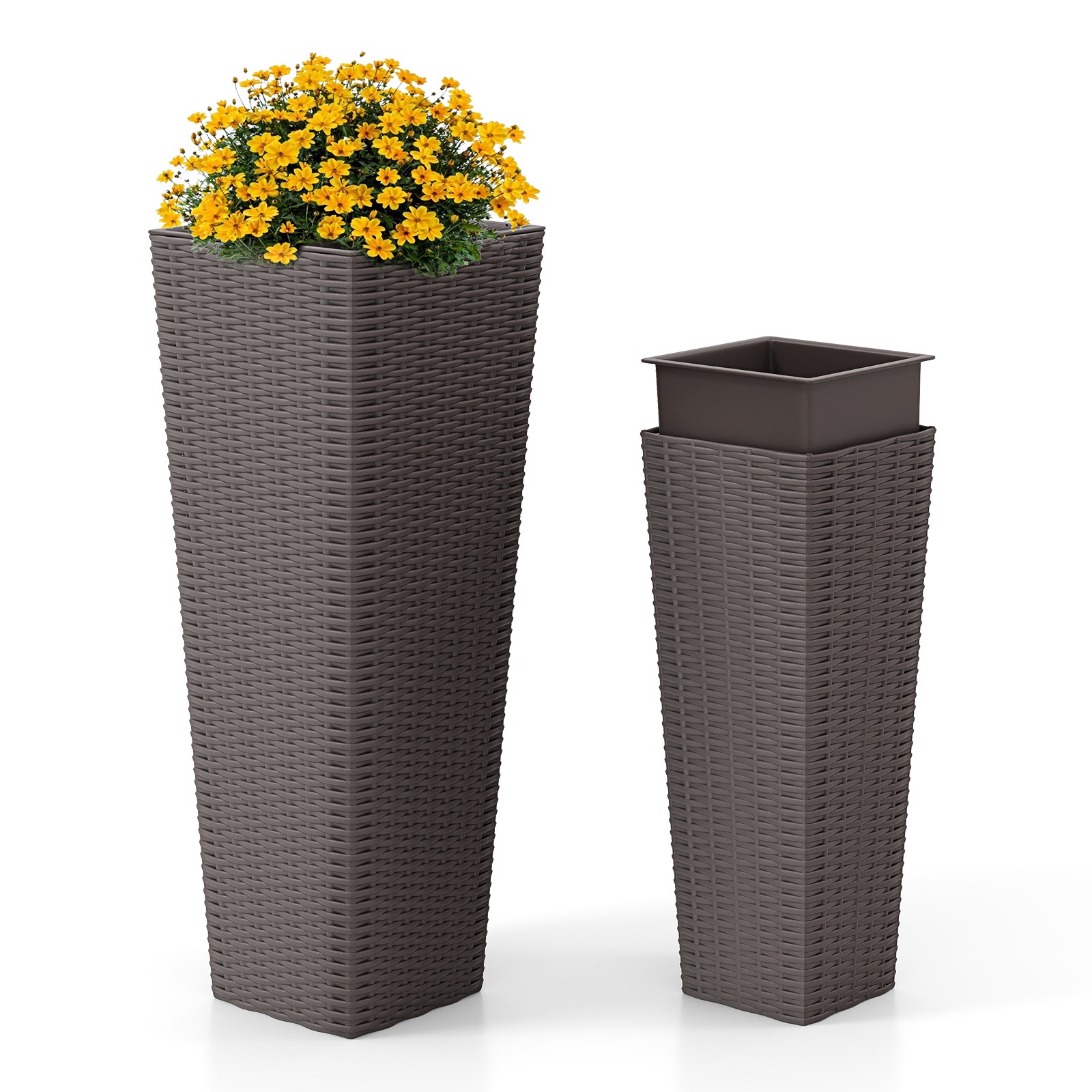2er Pflanzkübel mit Innentopf 82 cm / 60 cm hoch Rattan Pflanzgefäße stapelbar Blumentöpfe mit Entwässerungslöchern Braun
