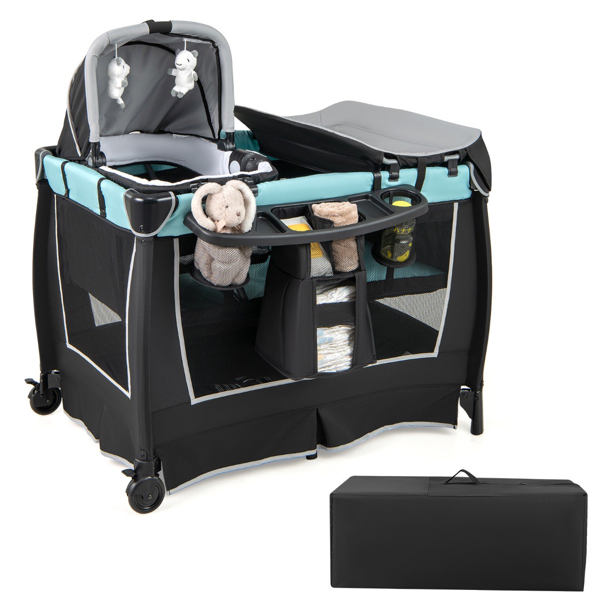 6-in-1 Baby Reisebett tragbarer Baby-Laufstall mit Schaukelwiege Wickeltisch Grün