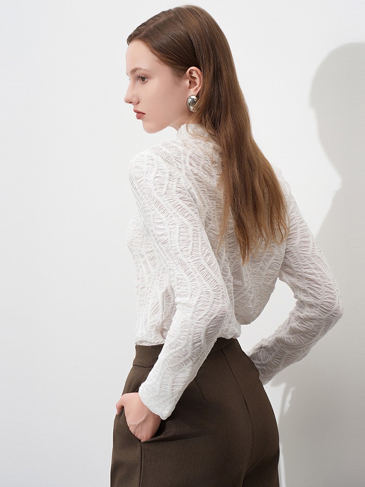 Long Sleeves T-shirt Pleated Textured Fitted Half Turtleneck Base Layer Tops For Women 2025