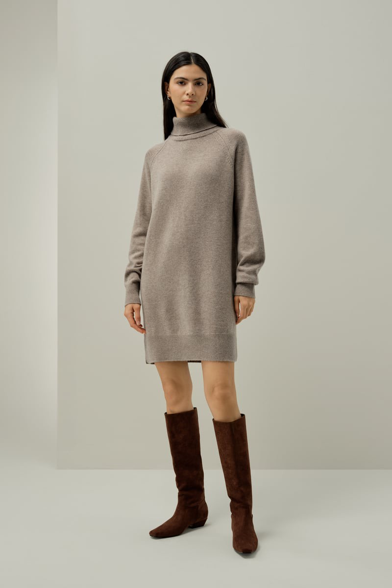 LILYSILK Damen Rollkragenpullover mit Zopfmuster aus Woll-Kaschmir, Edler Strick, Toast, L