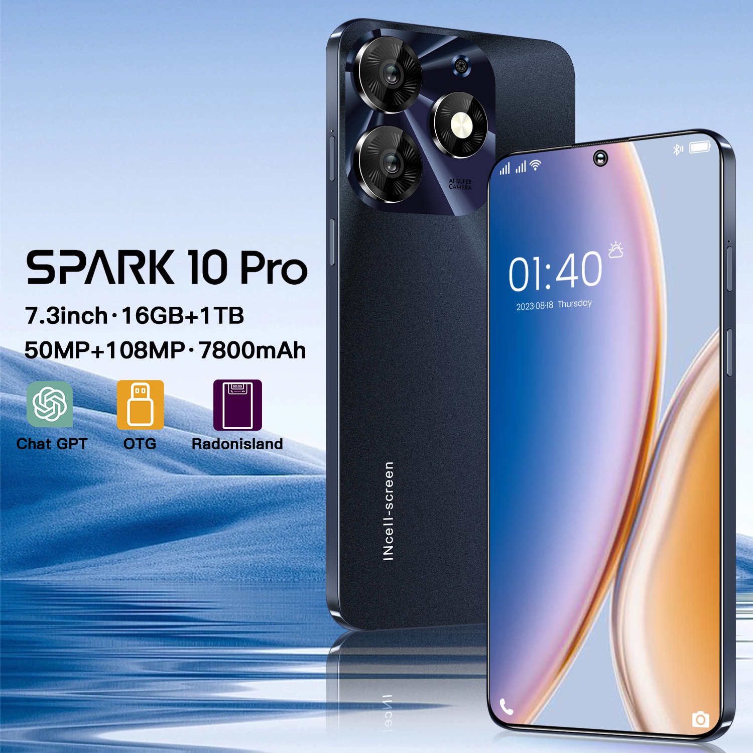 7.3-inch 5G Phone Unlock Smartphone Camera 64GB 1TB Fast Charge OTG Side Fingerprint Face Unlock Spark 10Pro Full Screen Smartphone