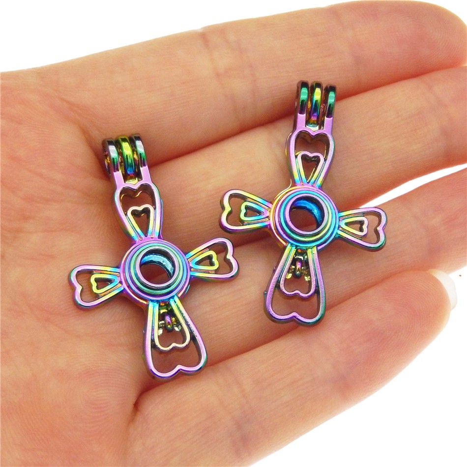 10pcs Rainbow Color Cross Flower Pearl Cage Beads Cage Locket Pendant Essential Oil Diffuser DIY Jewelry Locket For Oyster Pearl