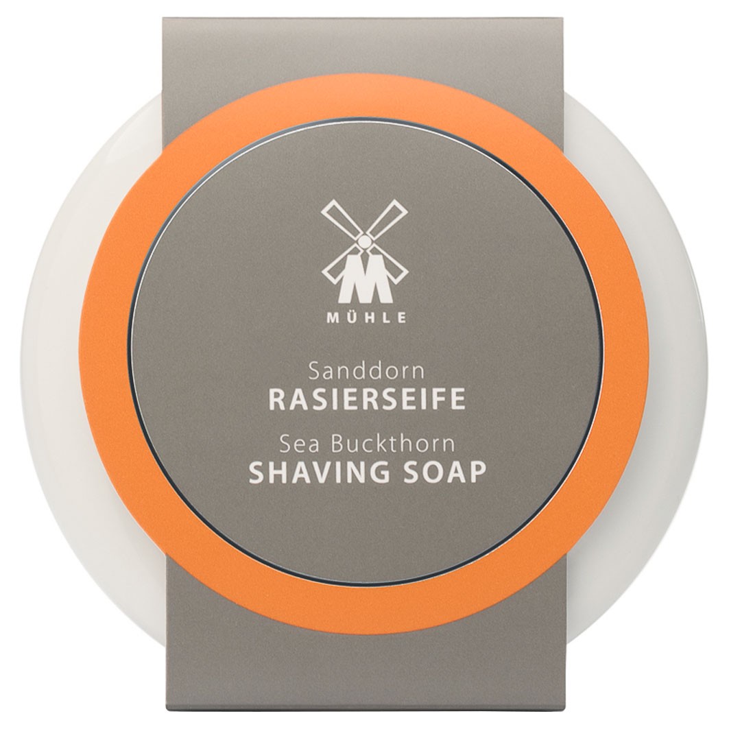 Rasierseife in Porzellanschale, mit Sanddorn, für alle Hauttypen
