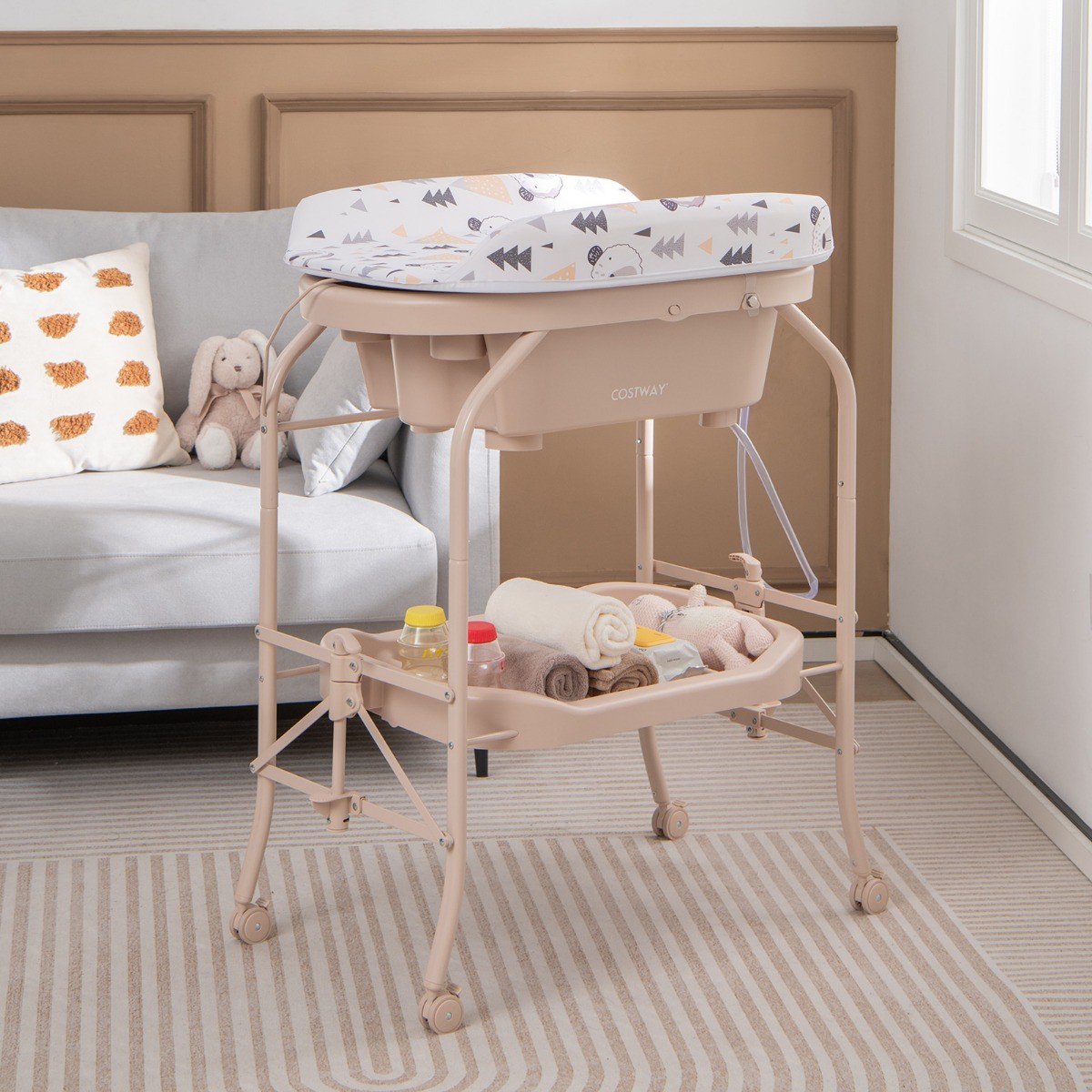 Baby Wickeltisch mit Badewanne Tragbare Wickelkommode mit PVC-Auflage 86 x 50 x 100 cm Beige