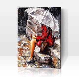 Frau sitzt mit Regenschirm auf Treppe - Malen nach Zahlen - 40x50cm ohne Rahmen