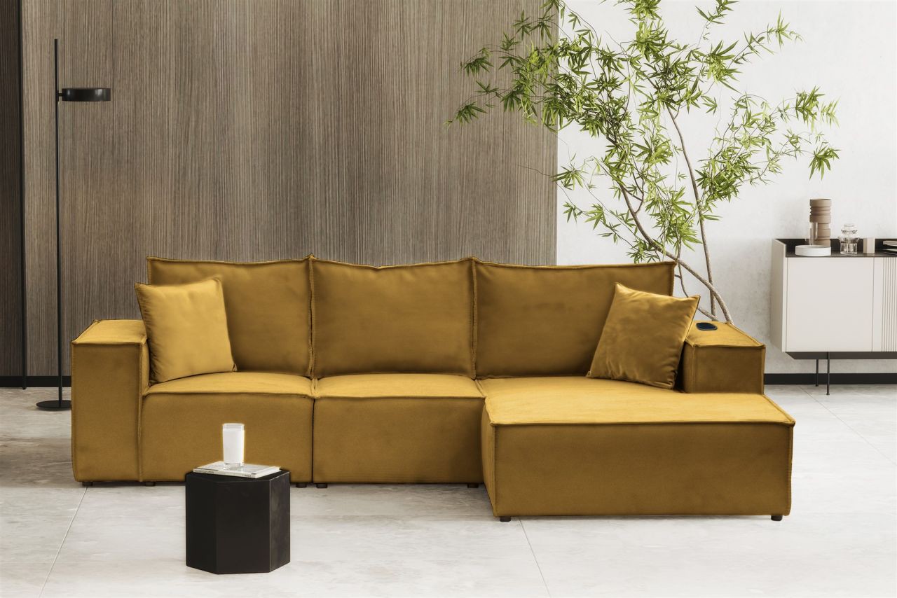 Ecksofa Sofa ALVARO inkl. QI Ladegerät Stoff Opera Velvet Goldgelb Ottomane R...