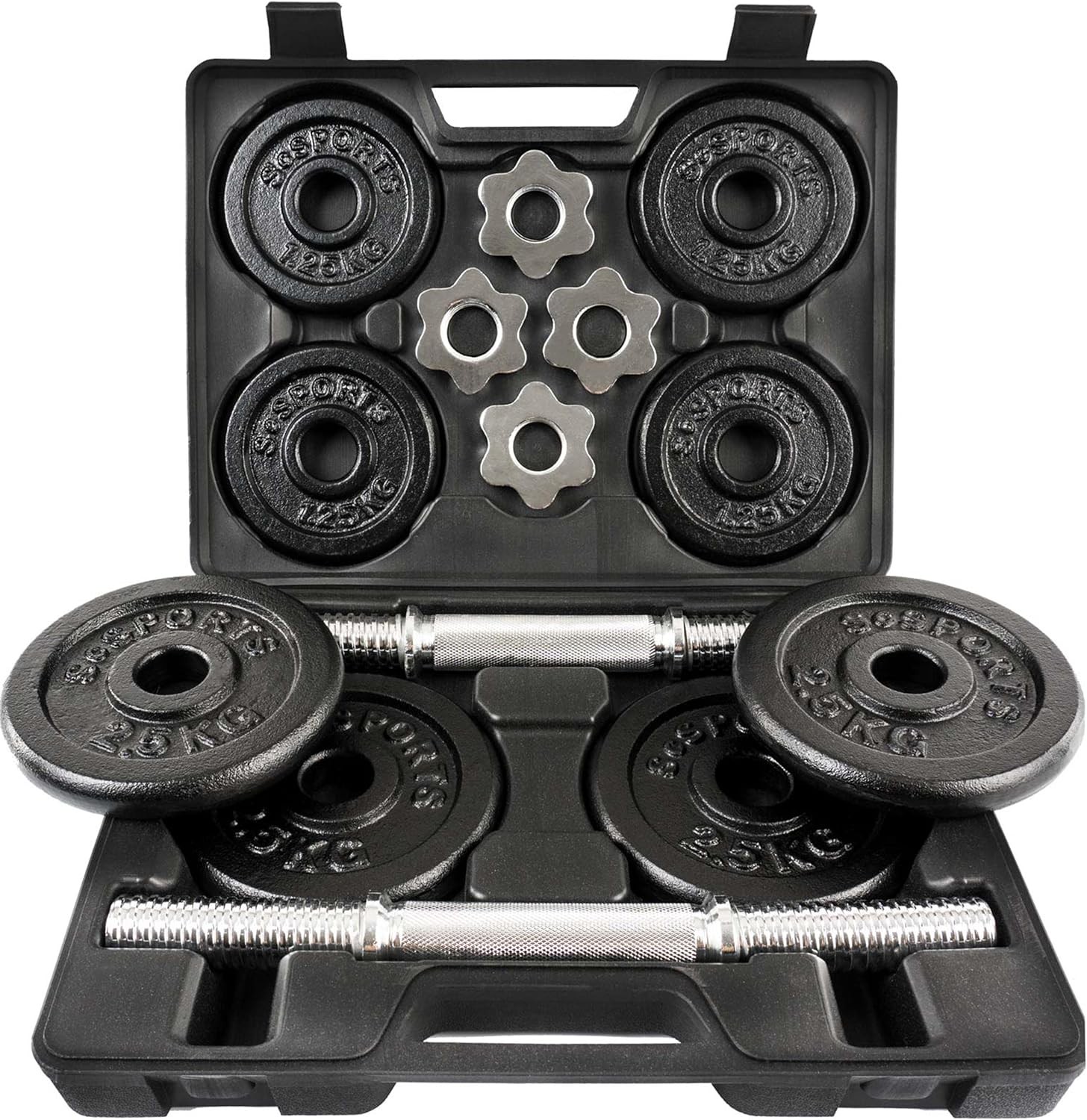 ScSPORTS® - 20 kg Hantelset - Vielseitiges Home Workout - Hochwertiges Gusseisen - Inkl. Koffer - Schwarz