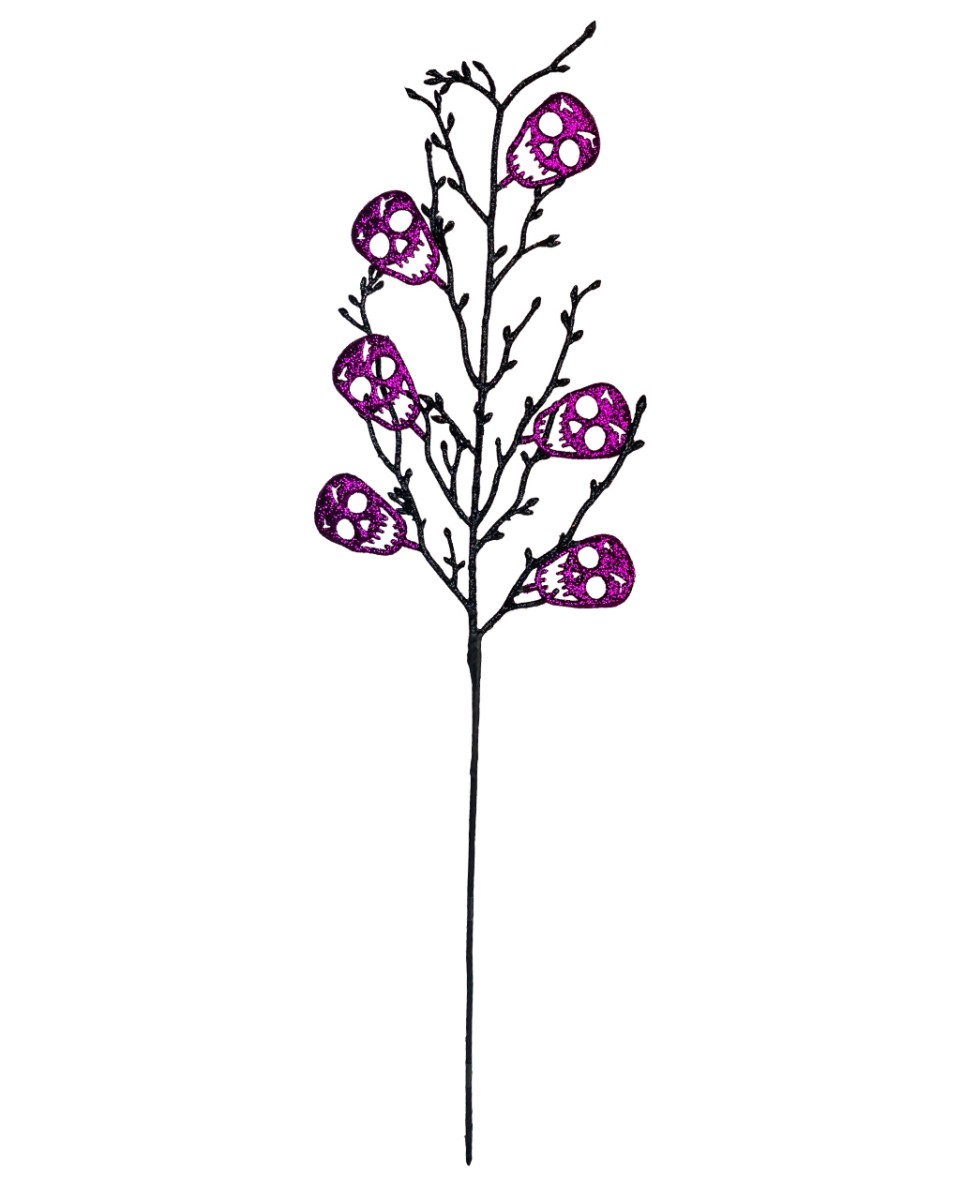 Schwarzer Zweig mit Violett glitzernden Totenköpfen 68cm