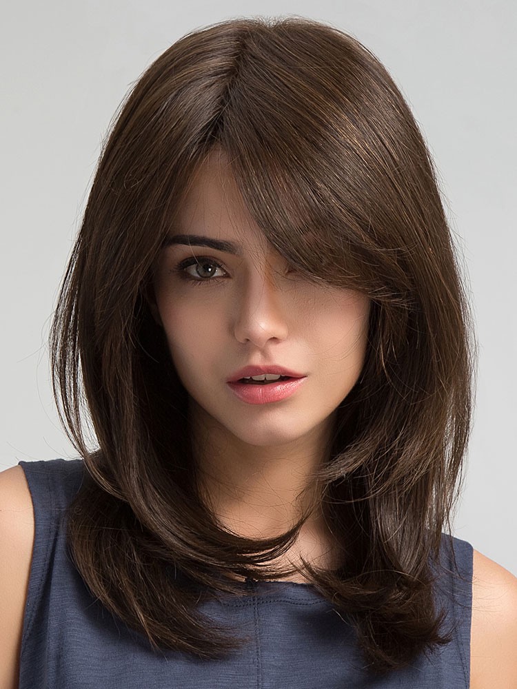Frauen-Haar-Künstliche Damen Perücke 2025 Schönheit Make-up dunkelbraune Seite  die lange lockige synthetische Perücken trennt