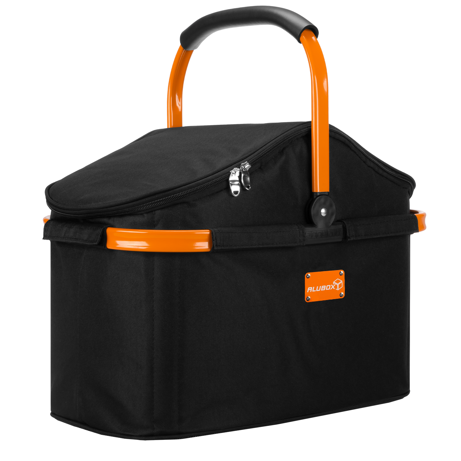 Kühlkorb Einkaufskorb Alubox Design schwarz orange mit Deckel - Picknickkorb - ohne Geschirr - Henkel Klappbar Korb wasserfest von innen