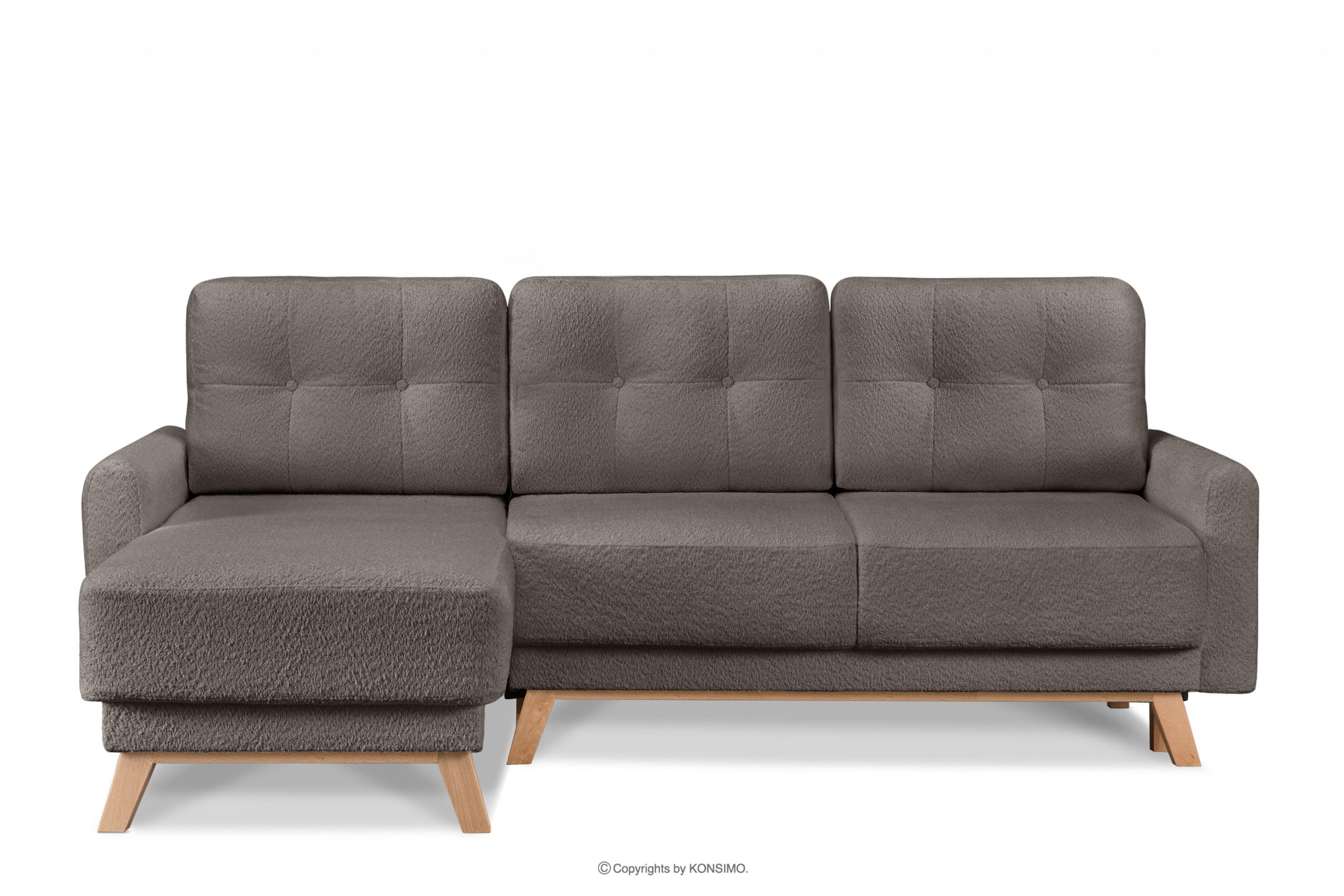 Ausziehbare Eckcouch für das Wohnzimmer mit Stauraum für Bettwäsche - Braun (links) Bouclé VISNA