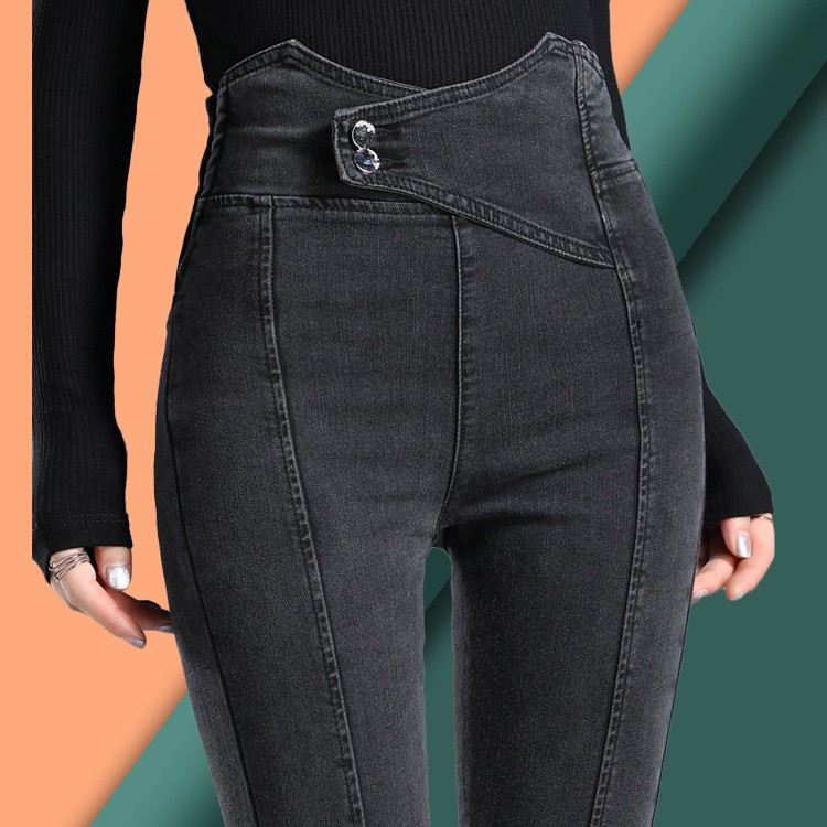 Kog645 Black Female Foot High Waist Jeans Trousers In Spring And Period And New Black Pants Show Stretch Tight