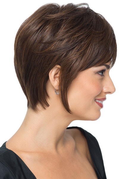 Damen kurze Künstliche Damen Perücke 2025 Schönheit Make-up gerade Boycuts bräunlich schwarze Kunsthaar Perücken mit Seite gefegt Pony