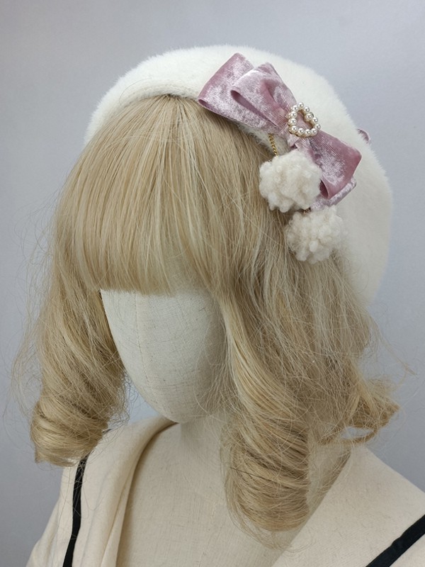 Lolita-Hut im ROKOKO-Stil mit rosa Pompons und Schleifen Accessoire mit Farbblock-Polyester-Lolita-Accessoires