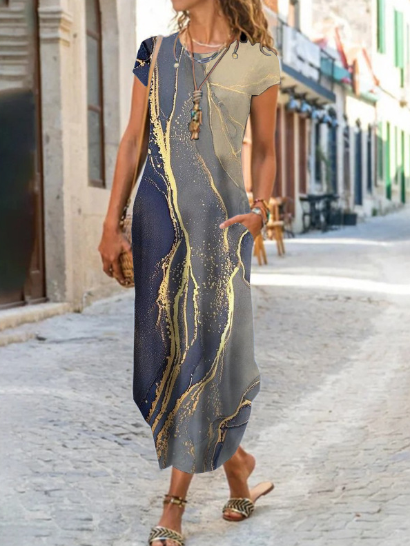 Lässig Abstrakt Sommer Normal Mikroelastizität Weit Maxikleid Kurzarm A-Linien Kleider für Damen