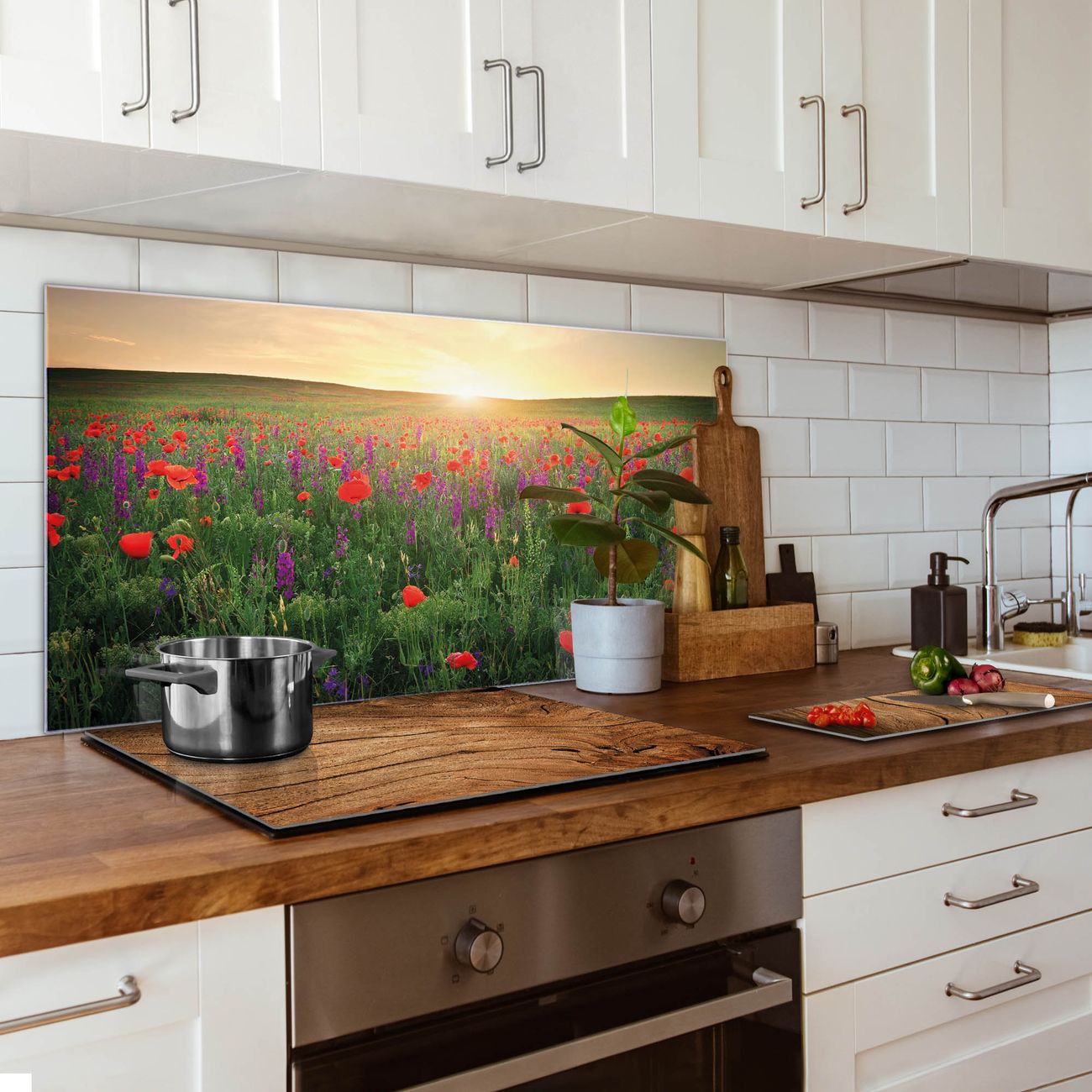 Banjado Küchenrückwand Glas 80x120cm selbstklebend ohne Bohren, Herd Spritzschutz Wand aus Echtglas ESG, magnetisch mit Motiv Sommerfeld