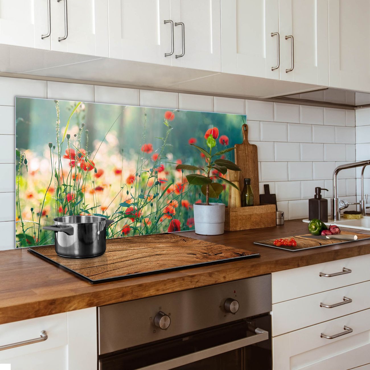 Banjado Küchenrückwand Glas 80x120cm selbstklebend ohne Bohren, Herd Spritzschutz Wand aus Echtglas ESG, magnetisch mit Motiv Waldmohn