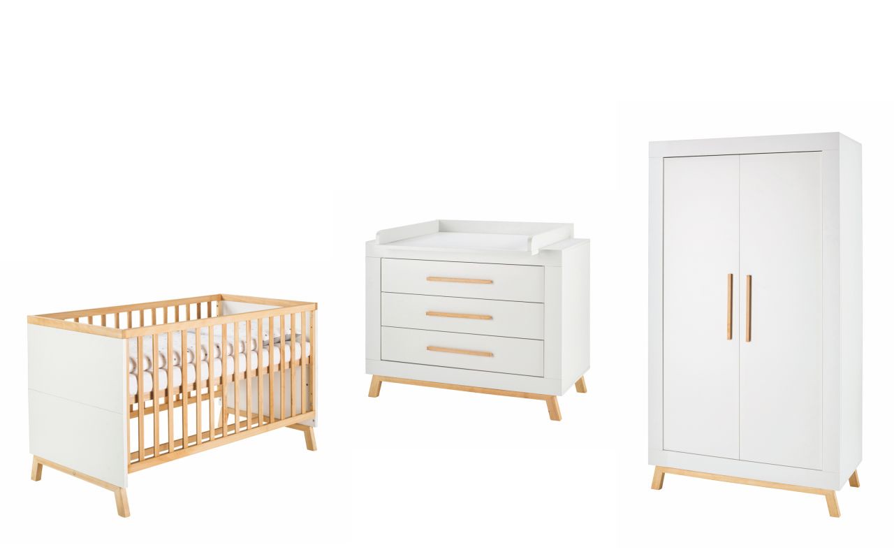 Set Kinderbett 70x140 Wickelkommode Schrank Umbauseiten Babyzimmer Weiß Schardt