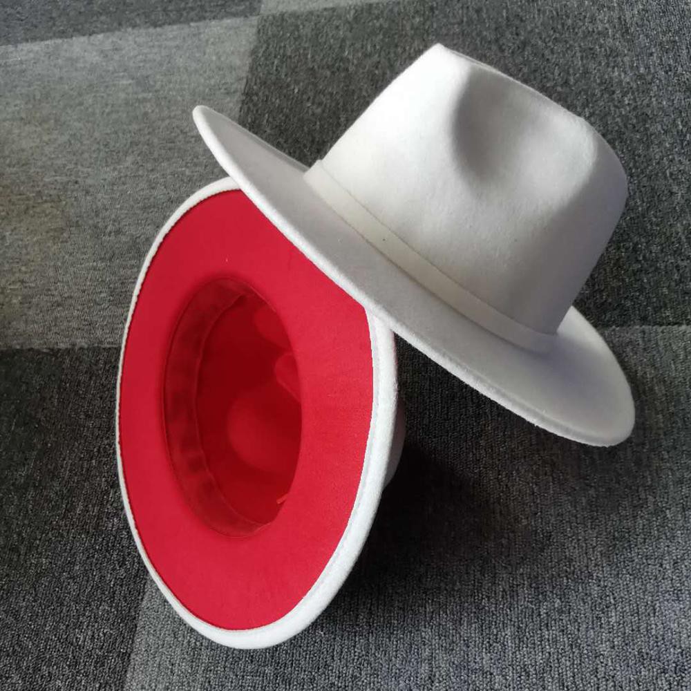 Tendance extérieur blanc intérieur rouge Patchwork femmes laine artificielle feutre Jazz Fedora chapeaux dames à bord plat Panama Trilby chapeau