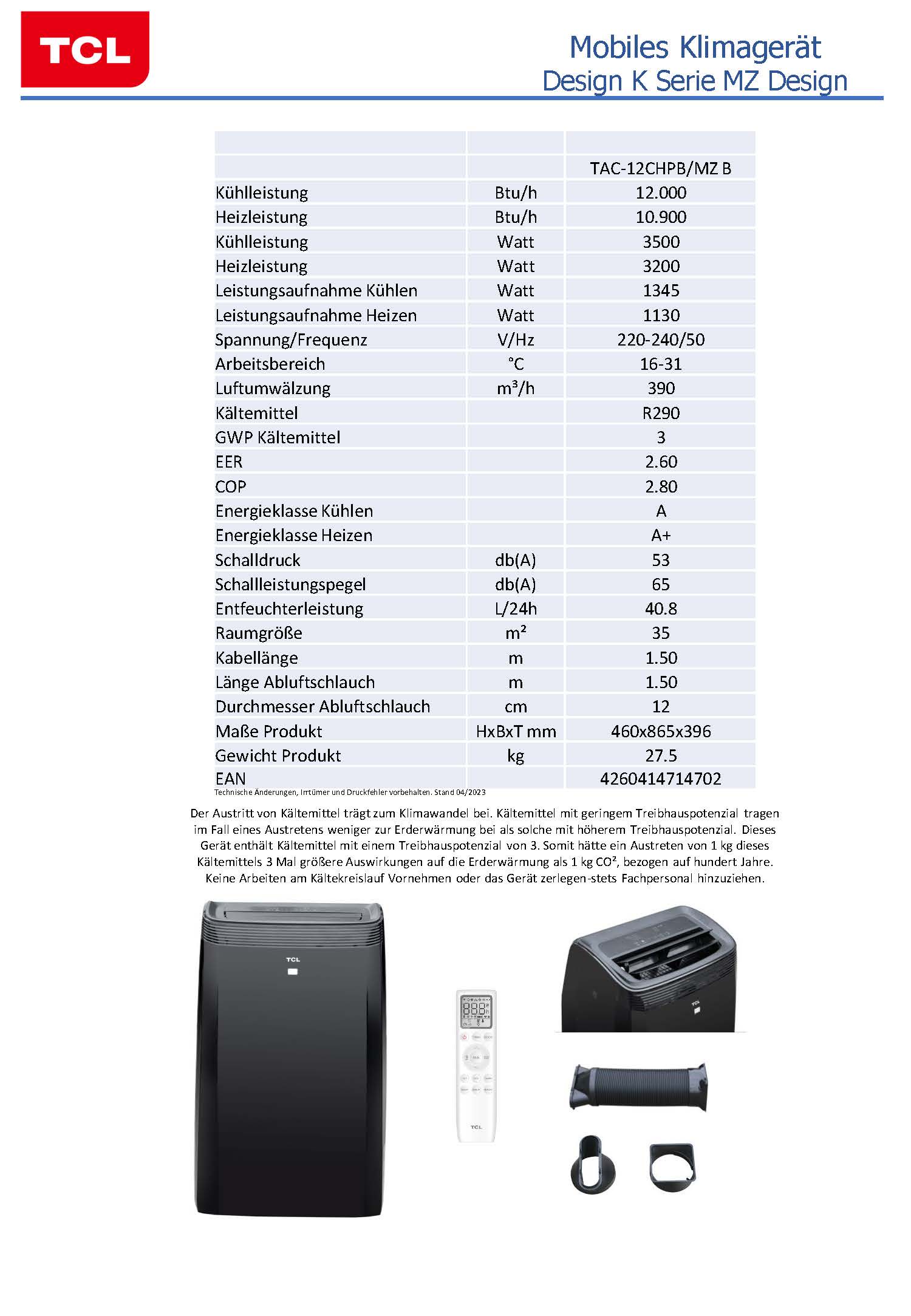 TCL 12000 BTU TAC-12CHPB/MZ B mit Heizfunktion (bis 35m²) mobile Klimaanlage
