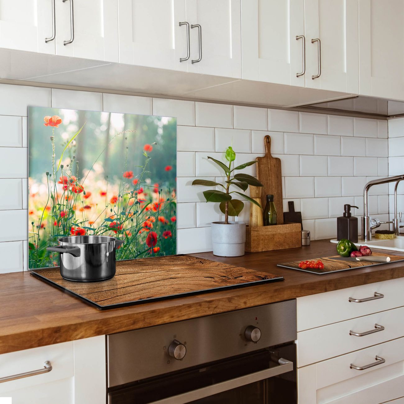 Banjado Küchenrückwand Glas  selbstklebend ohne Bohren, Herd Spritzschutz Wand aus Echtglas ESG, magnetisch mit Motiv Waldmohn