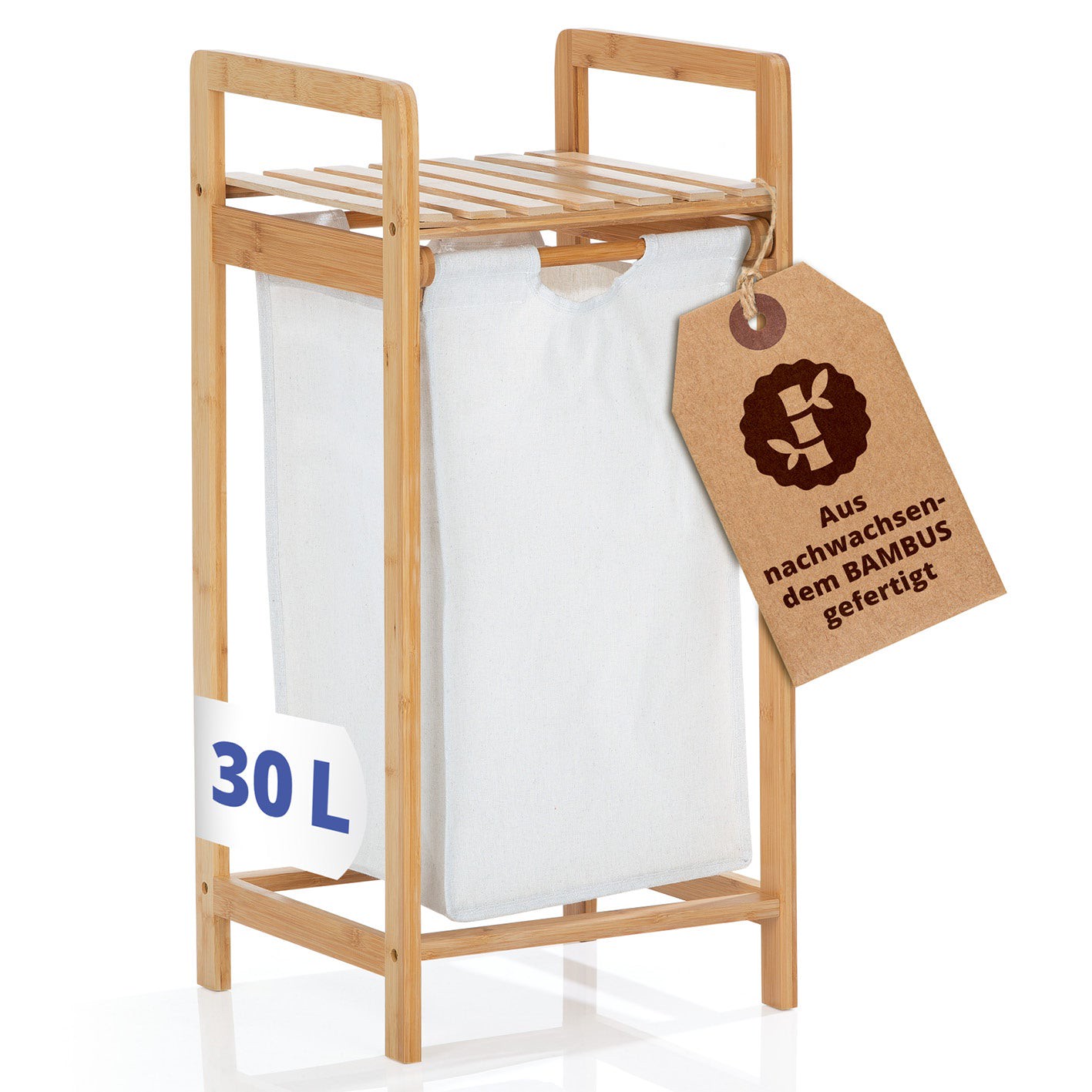 Bambus Wäschekorb mit ausziehbarem Wäschesack - 33 x 33 x 73 cm - Weiß