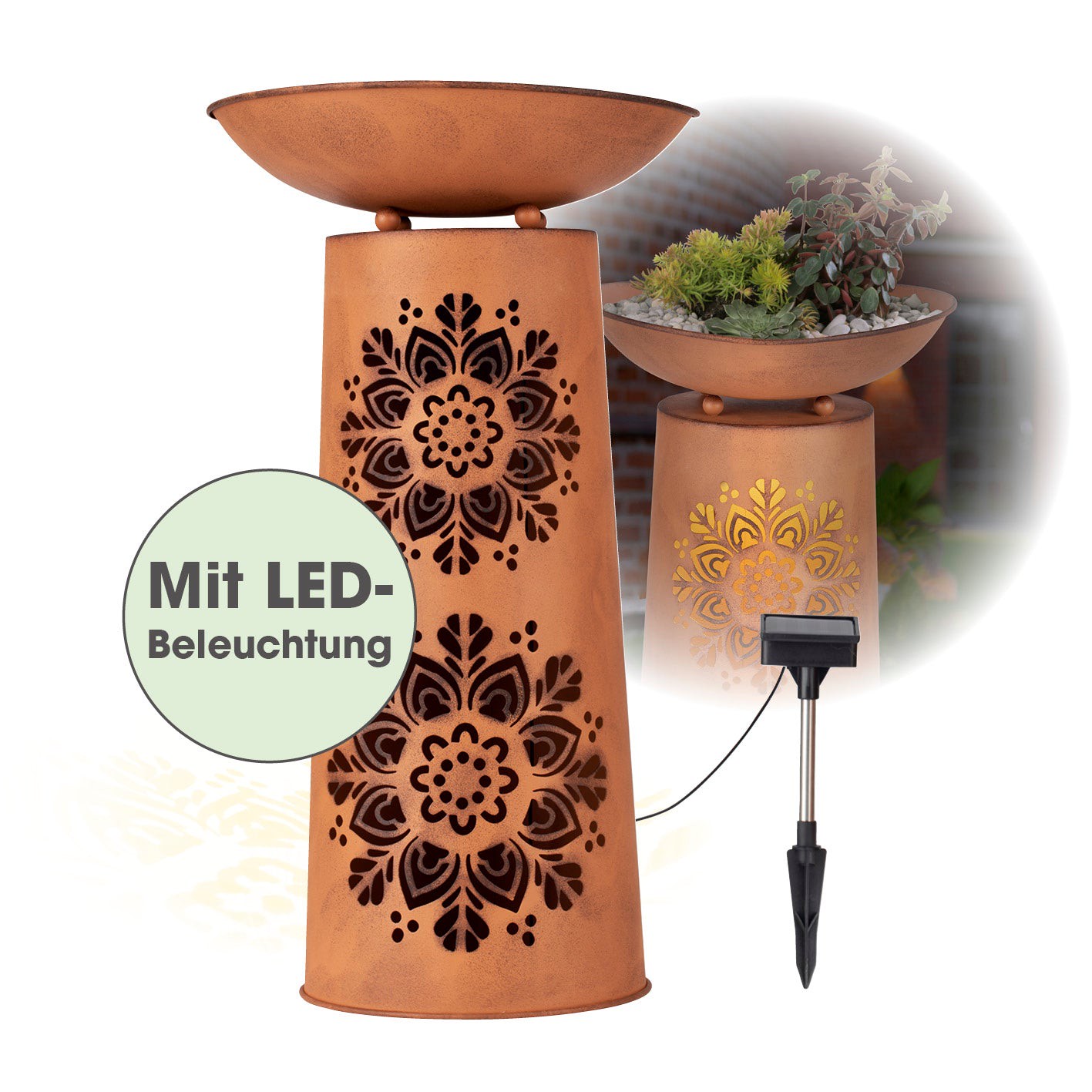 LED-Dekosäule mit Pflanzschale - Rost-Optik Mandala