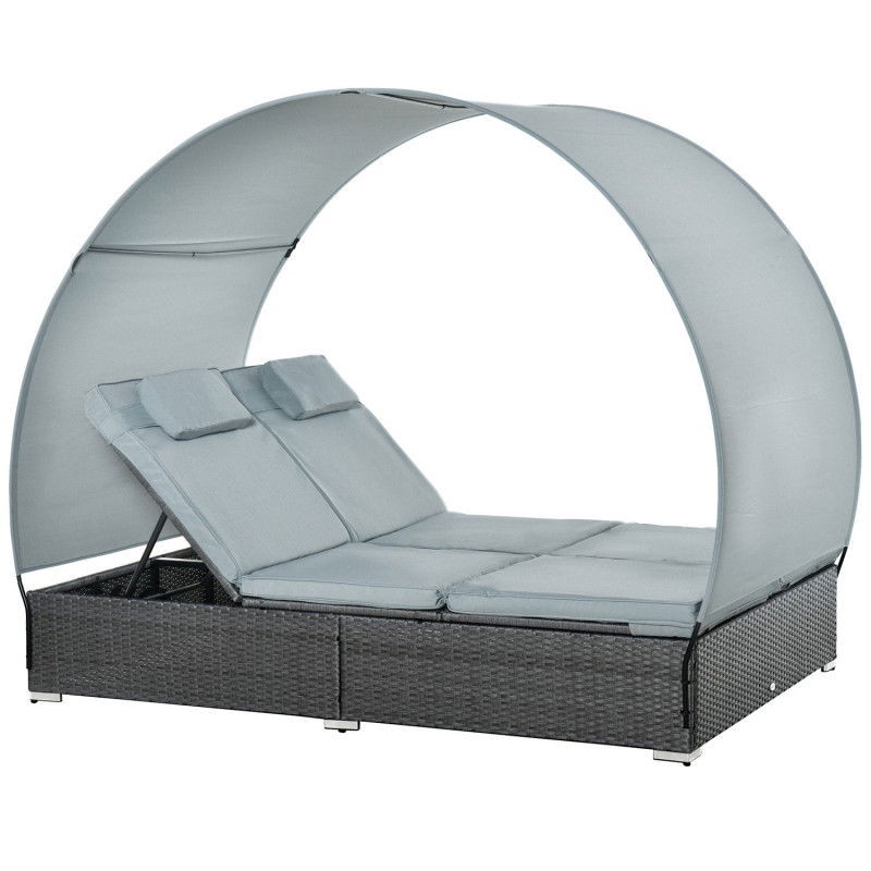 Lettino prendisole in polyrattan grigio per 2 con tettuccio parasole