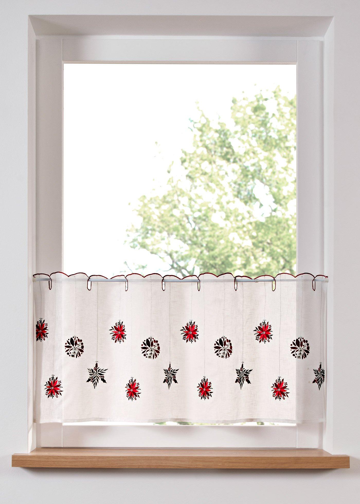 Scheibengardine mit weihnachtlicher Stickerei