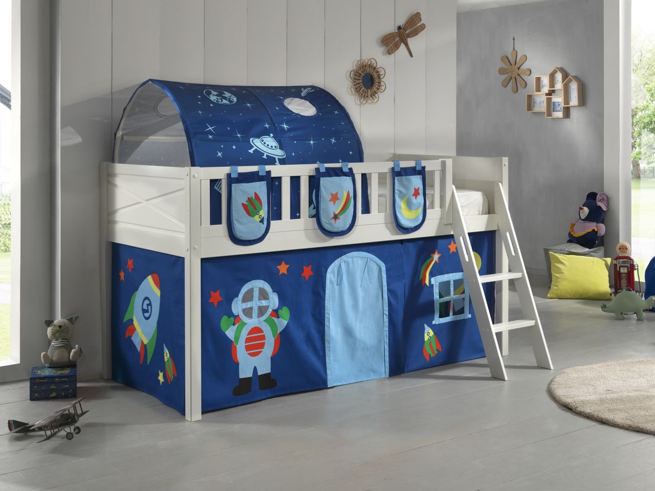 Set Spielbett Vorhang Lattenrost Hochbett Kinderbett 90x200 Weltall Astronauten