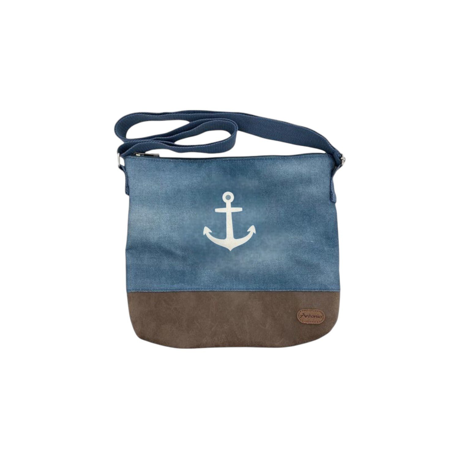 Damen Umhängetasche » Maritimer Vintage Stil » Weiß/Blau/Braun ca. 28 x 32 cm » Damen Handtasche » maritime Tasche mit Schultergurt - Mittelgroßer Ank