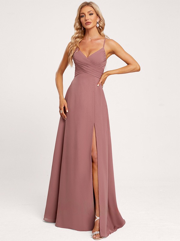 Brautjungfernkleider A-Linie Bodenlang Chiffon mit Schnürung Hochzeits- und Partykleid