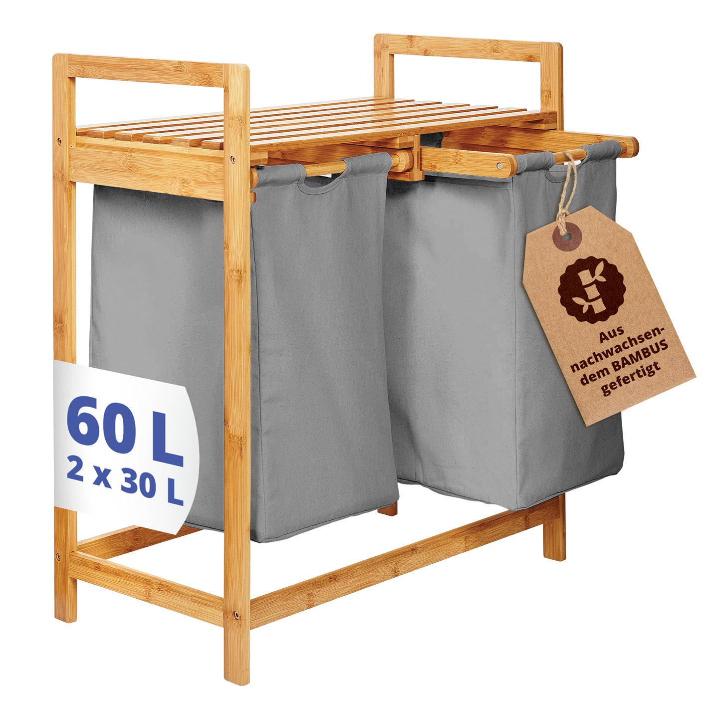 Bambus Wäschekorb mit 2 ausziehbaren Wäschesacken - 73 x 64 x 33 cm - Dunkelgrau