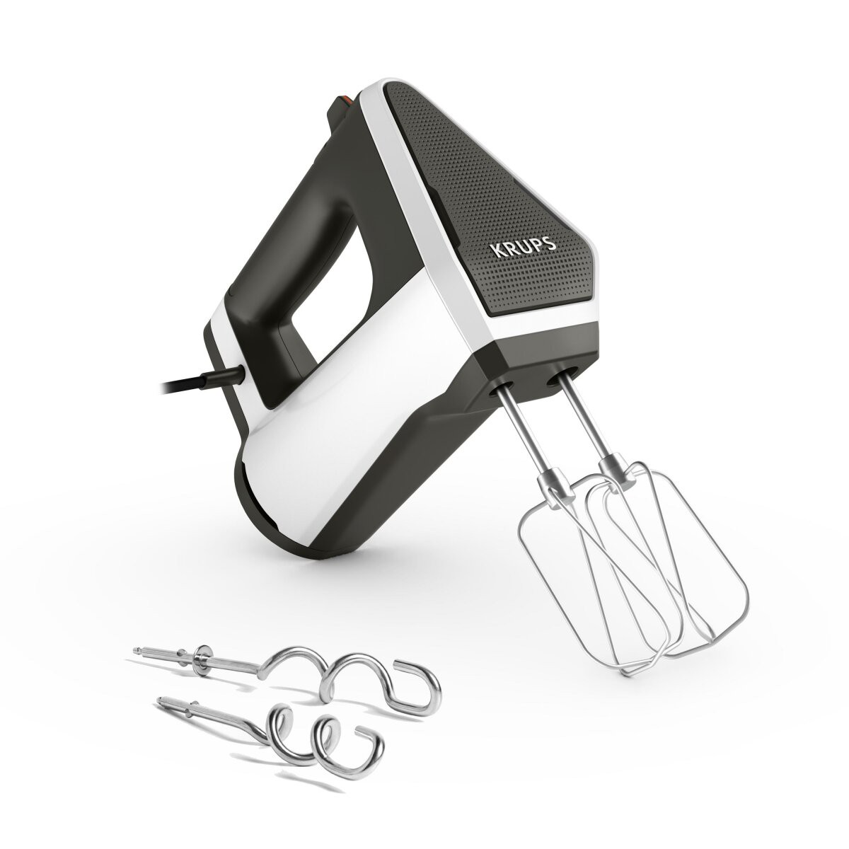 KRUPS GN6021 3MIX 6000 Handmixer (600 Watt, 5 Geschwindigkeitsstufen, Turbo-Stufe, Auswurftaste, 2 Knethaken, 2 Rührquirle, spülmaschinengeeignet, Soft-Touch-Griff, Weiß)