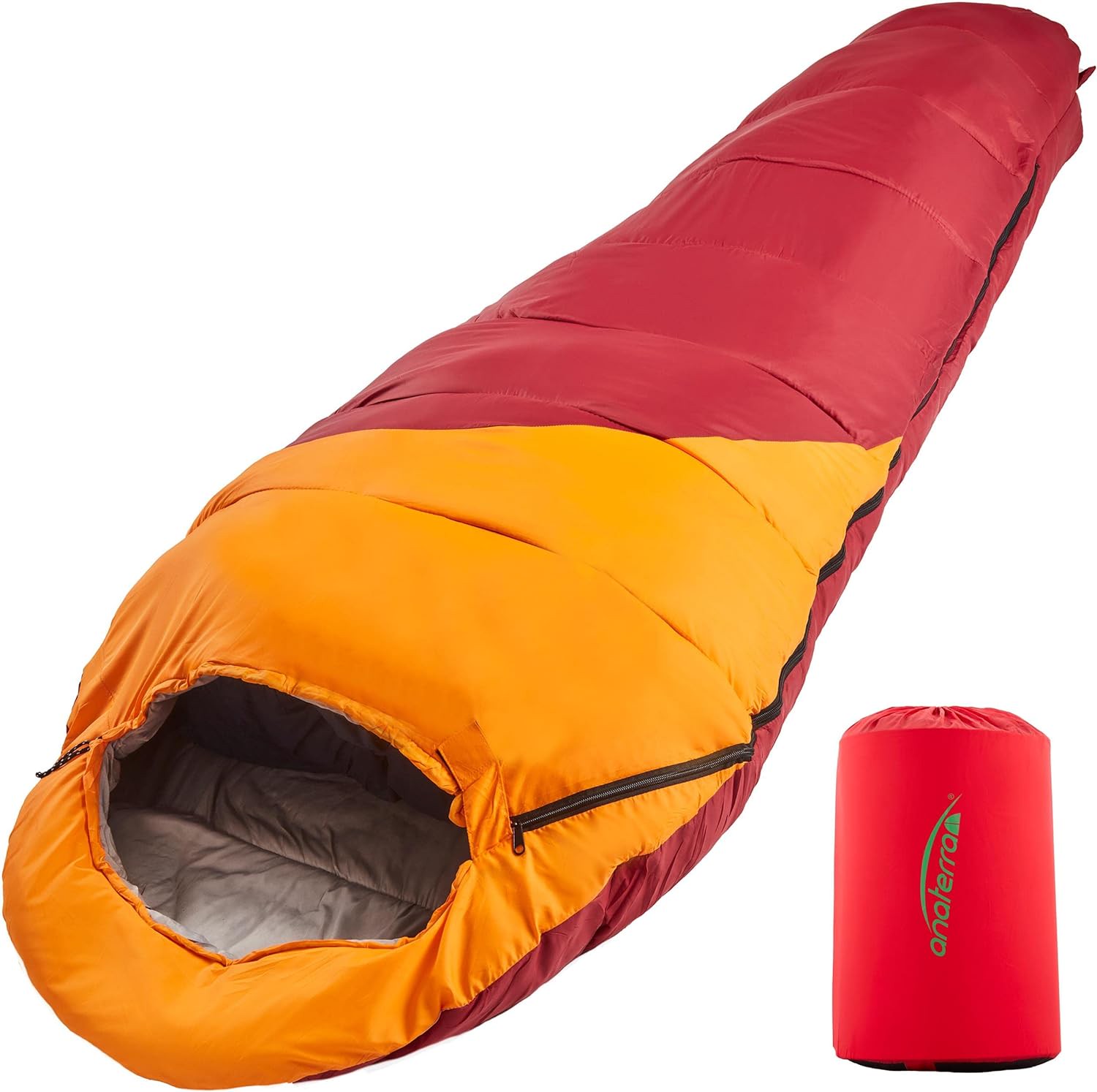 Anaterra® – ​​Outdoor-Decke – Warmer Schlafsack – Kältebeständig – Leicht – Wasserabweisend – 2-Wege-Reißverschluss – Rote Mumienform