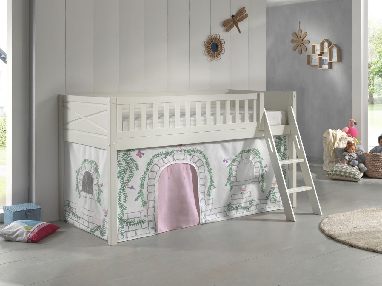 Set Spielbett Vorhang Lattenrost Hochbett Kinderbett 90x200 rosa Prinzessin weiß