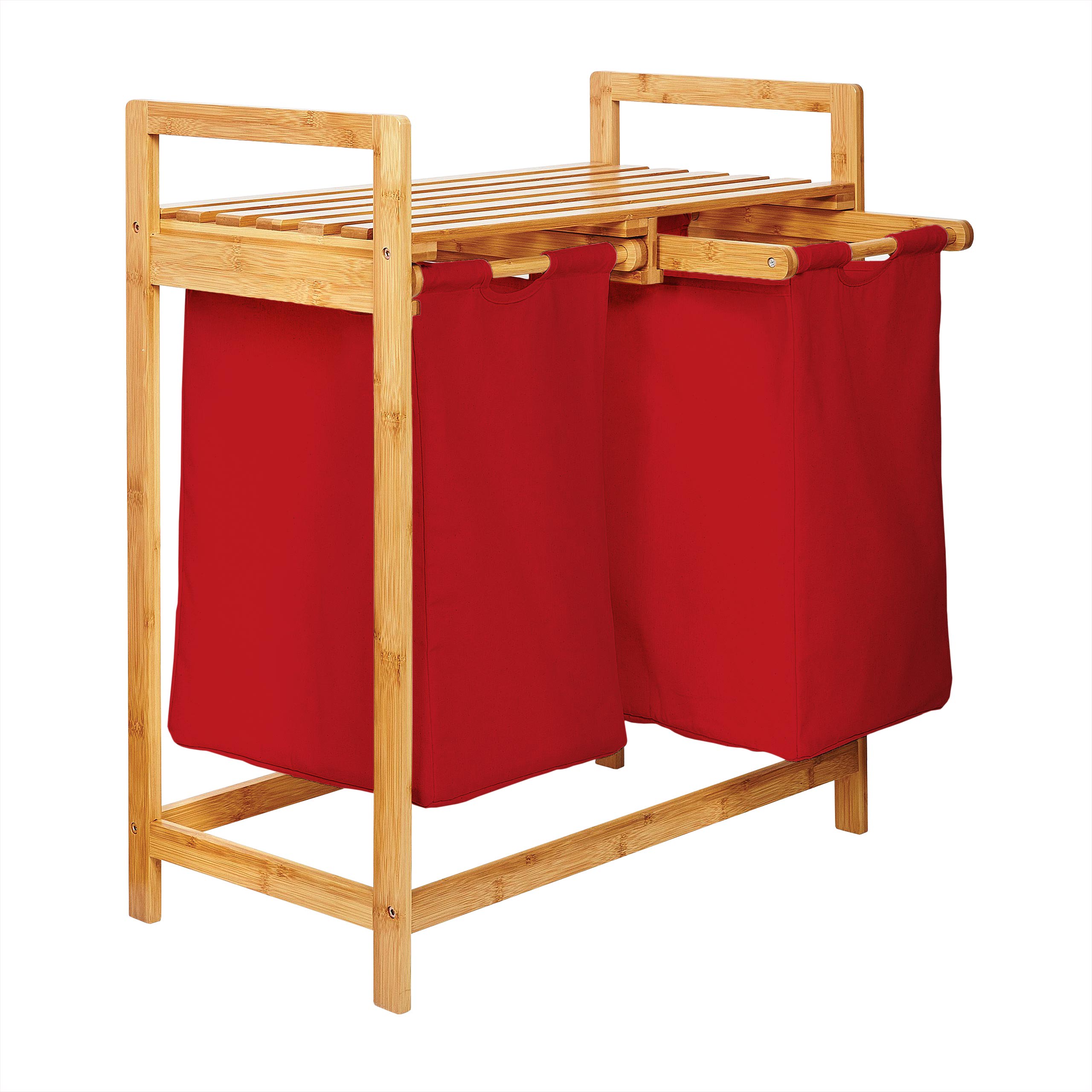 Bambus Wäschekorb mit 2 ausziehbaren Wäschesacken - 73 x 64 x 33 cm - Rot