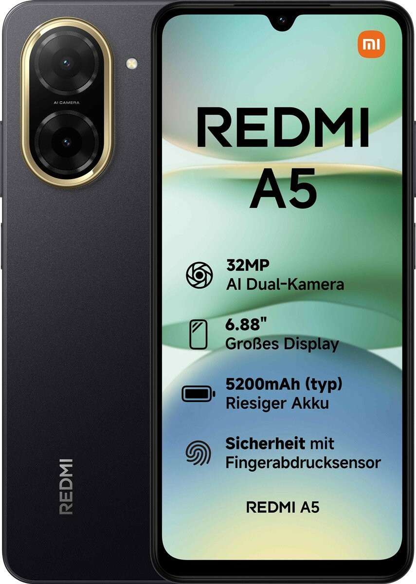 Xiaomi Redmi A5 3GB + 64GB Black Smartphone (6,8 Zoll, 32 MP, Dual-Kamera, 5.200-mAh, Octa-Core, Fingerabdrucksensor, schwarz)