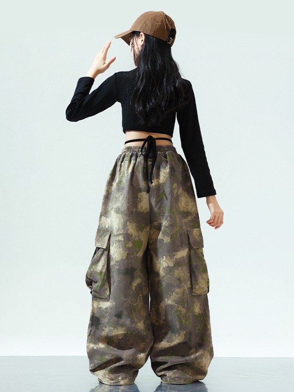 Ensemble de danse jazz 2 pièces pour enfants haut à manches longues et pantalon camouflage style hip-hop