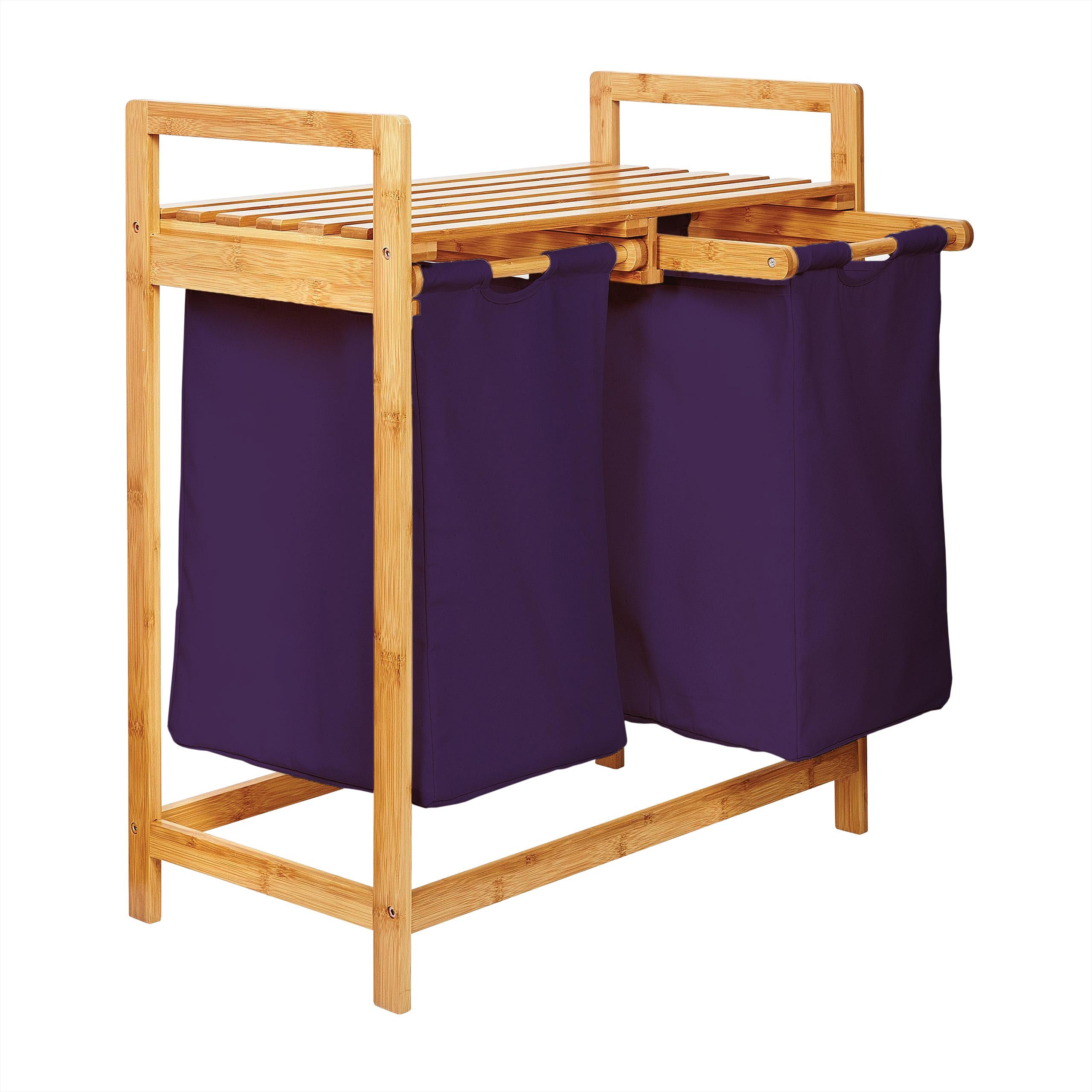 Bambus Wäschekorb mit 2 ausziehbaren Wäschesacken - 73 x 64 x 33 cm - Lila