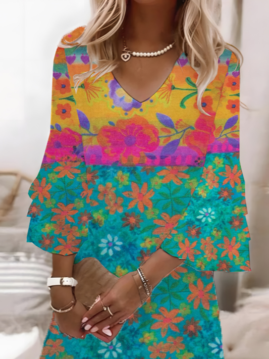 Lässig Geblümt Sommer Baumwolle V-Ausschnitt Print Normal Täglich Maxikleid für Damen