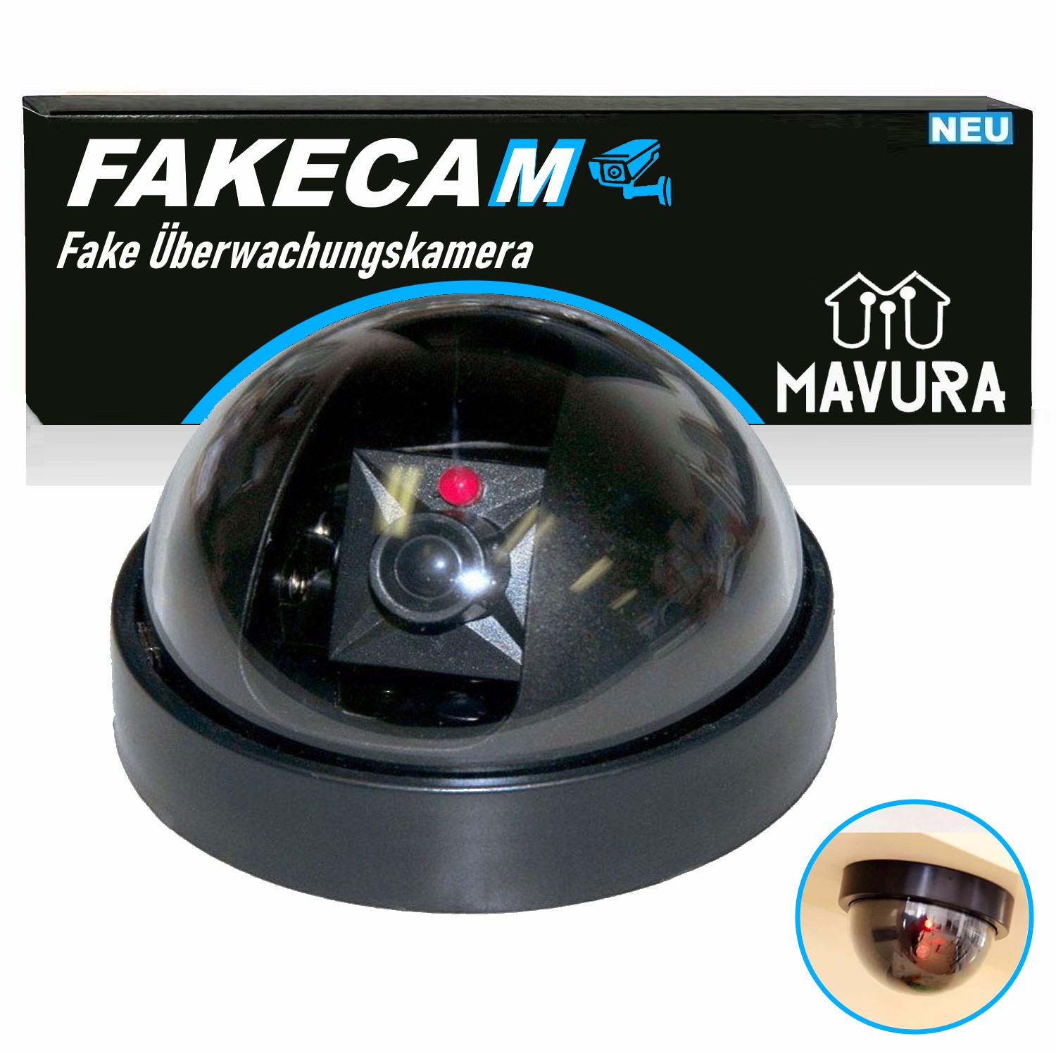 FAKECAM Attrappe Dummy Überwachungskamera Innen &amp; Außen blinkende LED 360° Dome
