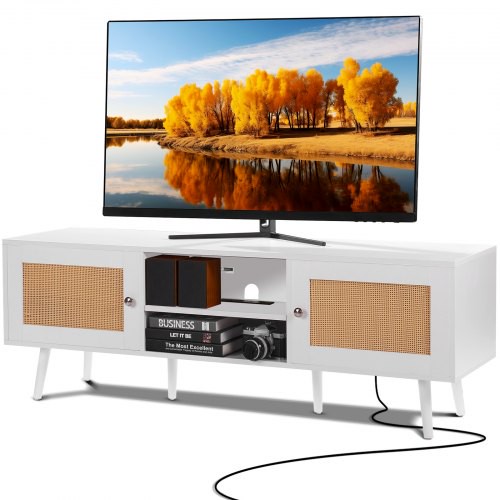 VEVOR Rattan-TV-Ständer für 165 cm Fernseher, Boho-TV-Ständer mit Rattantür, Fernsehschrank mit eingebauter Steckdose und USB-Anschlüssen, moderne TV-Konsole für Wohnzimmer, Medienraum, weiß