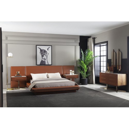 Luxus Schlafzimmer Set Orange Terrakotta Bett Leder Kommode Nachttisch 4tlg.