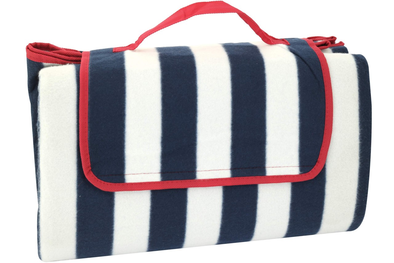 Picknickdecke 200 x 200 cm Blau weiß gestreift Camping Fleece Decke mit Griff