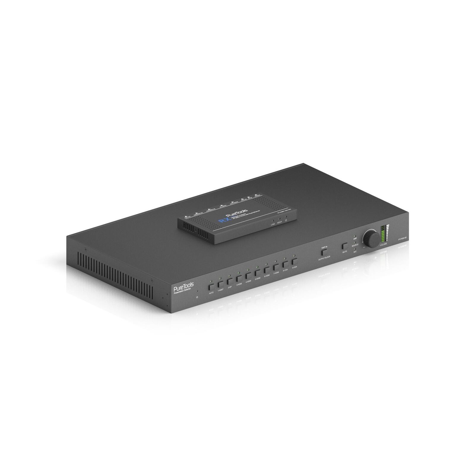 PureTools - Scaler Switcher 9x2, 4K, 3-Level MIC, HDMI & HDBT Ausgänge, Balanced Audio  +  Verstärker