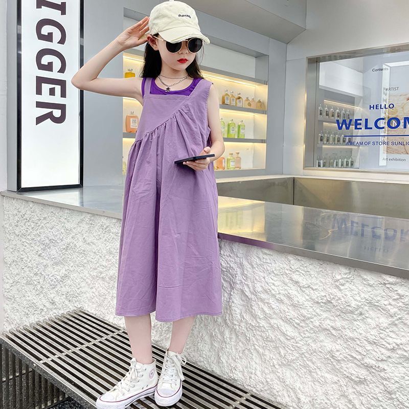 D278 Girls summer T-shirt suit medium and large children's off-shoulder short-sleeved skirt 2025 new casual long skirt A-line skirt woven in